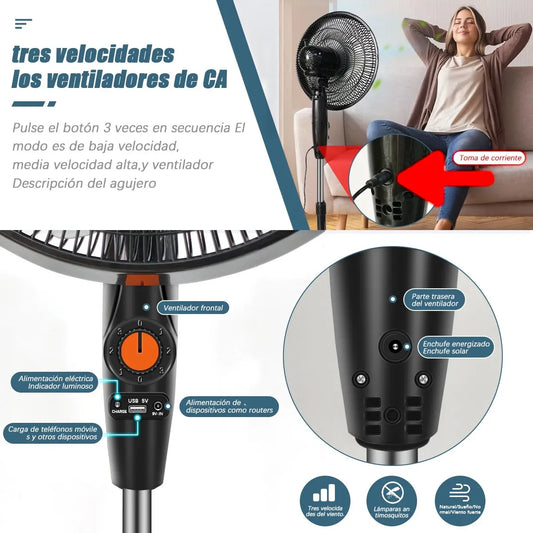 Ventilador de Piso Solar Recargable Silencioso para Uso Interior y Exterior - Metacompras