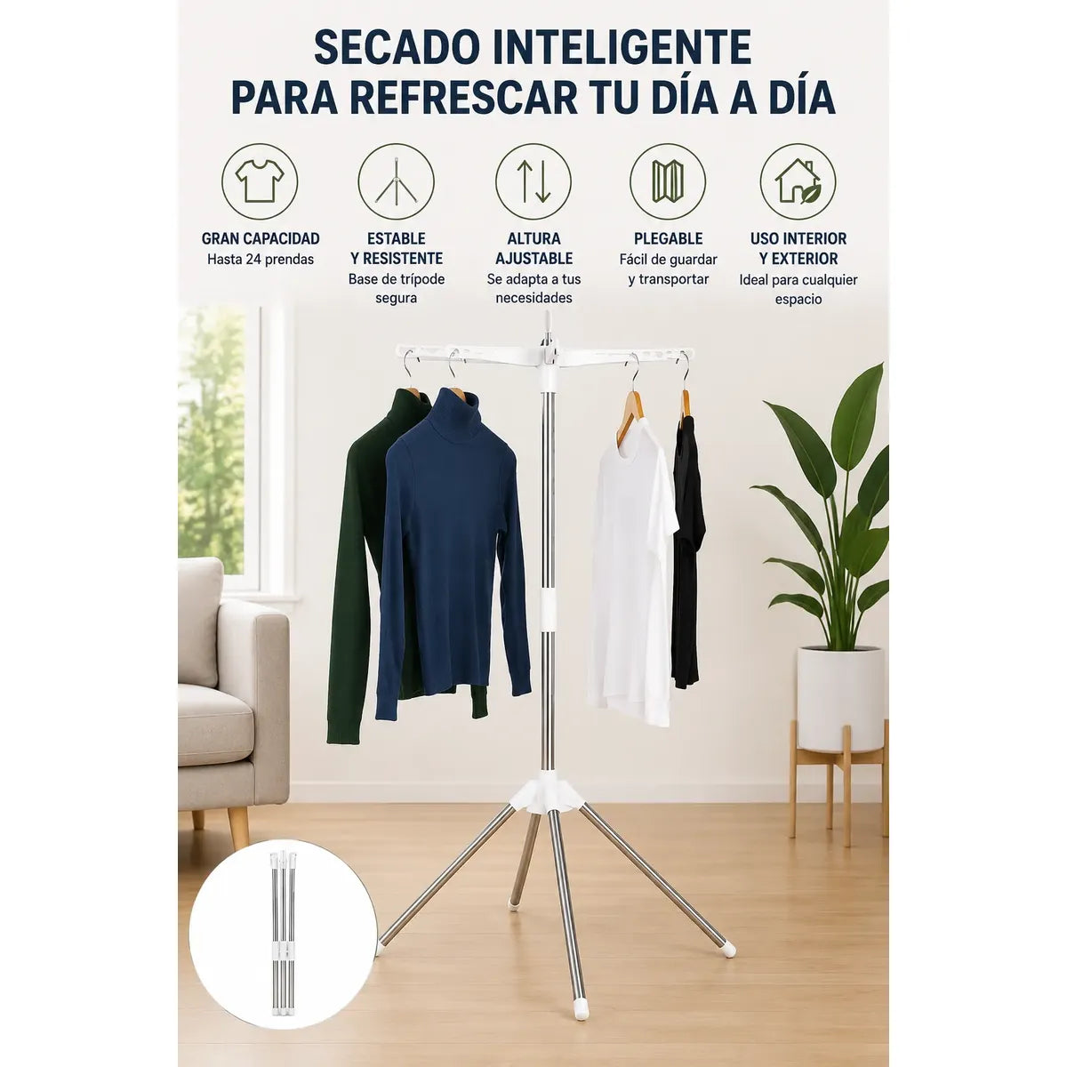 Tendedero Plegable Retráctil de Acero Inoxidable y Metal