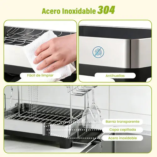 Escurridor de Platos de Acero Inoxidable con Drenaje Eficiente y 2 Niveles