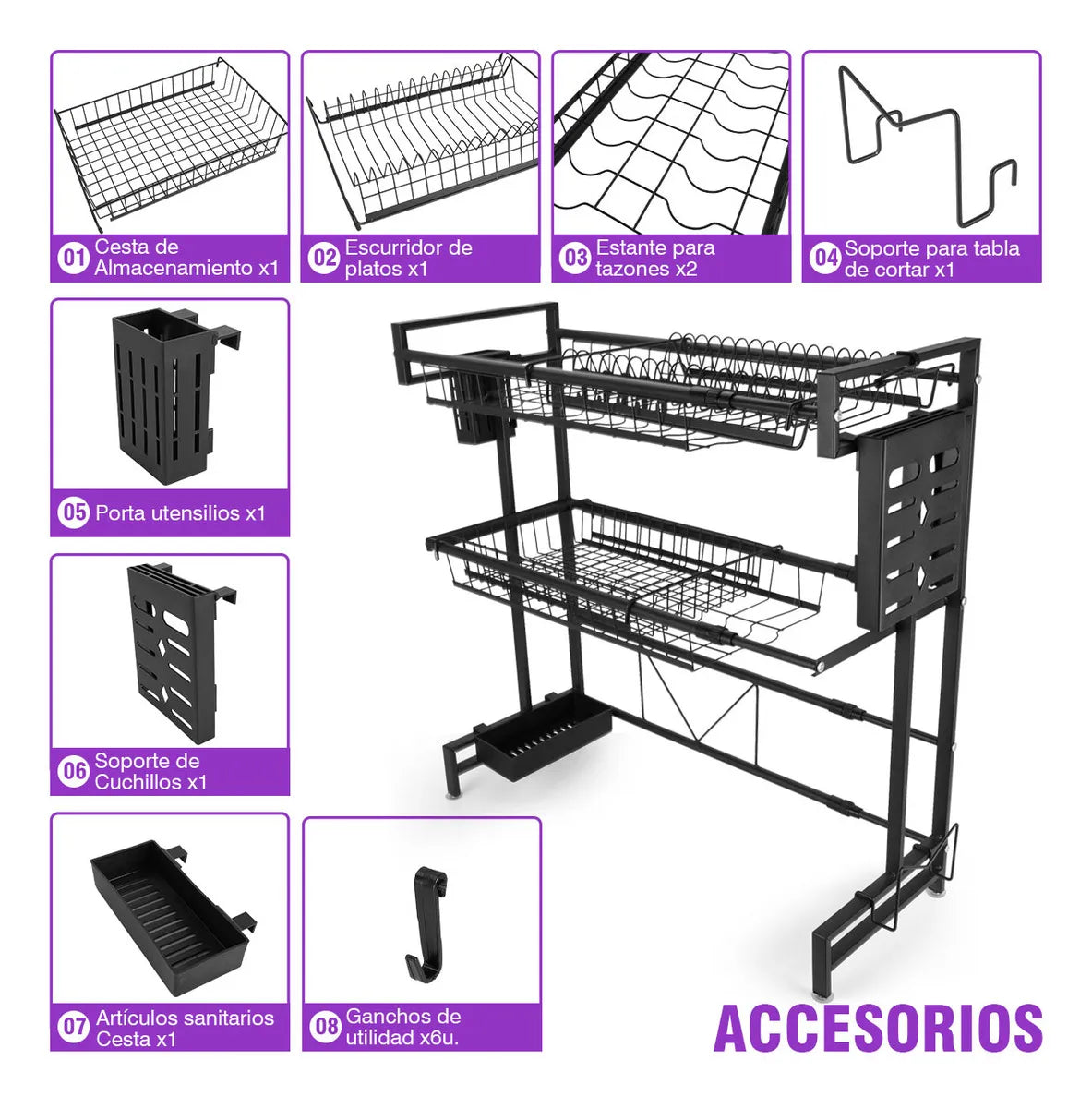Escurridor de Trastes 2 Niveles Organizador de Platos Color Negro