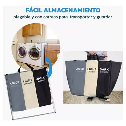 Cesta Plegable para Ropa de 120L con 3 Compartimentos Organizadores
