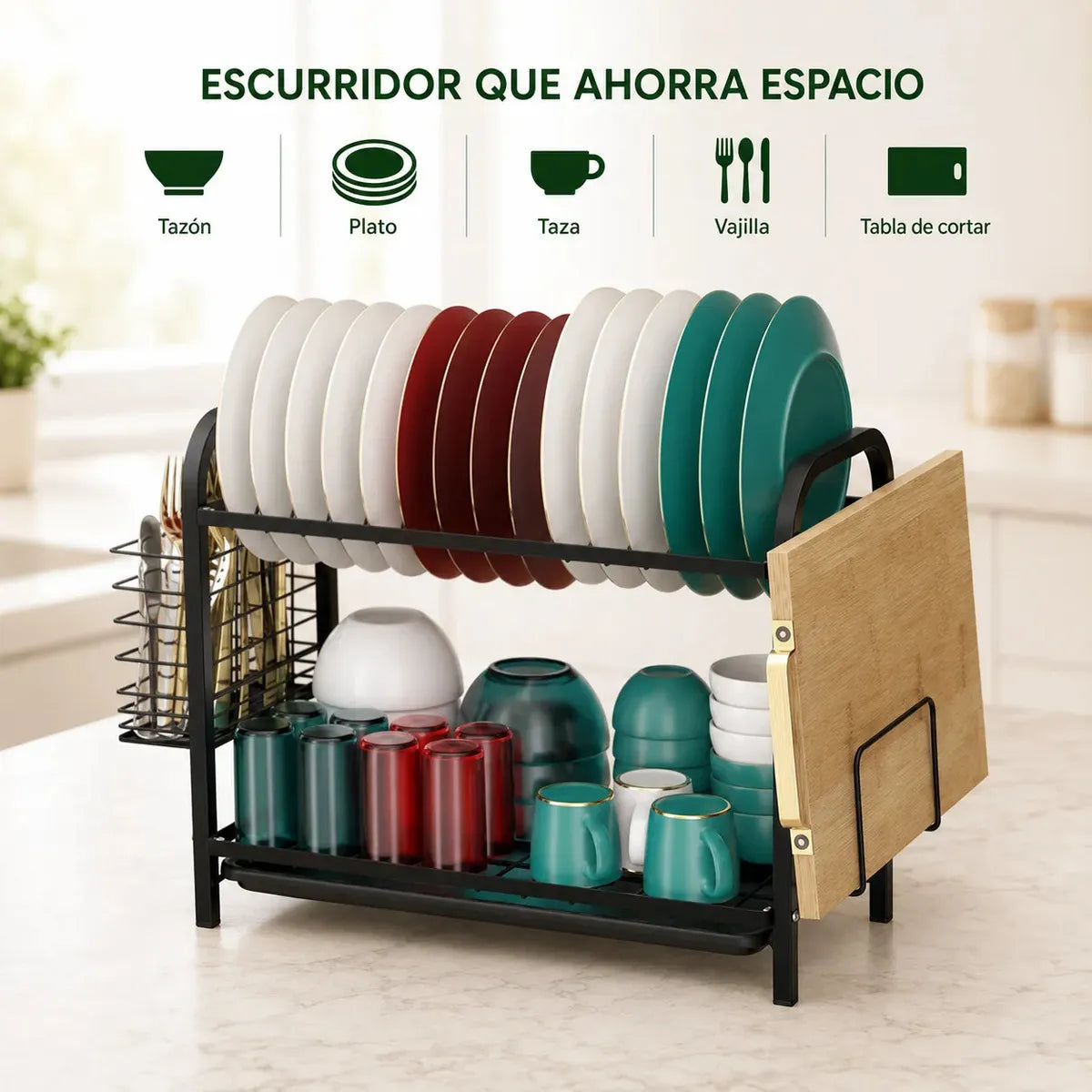 Escurridor de Platos de Acero Inoxidable de 2 Niveles para Organizar Vajilla