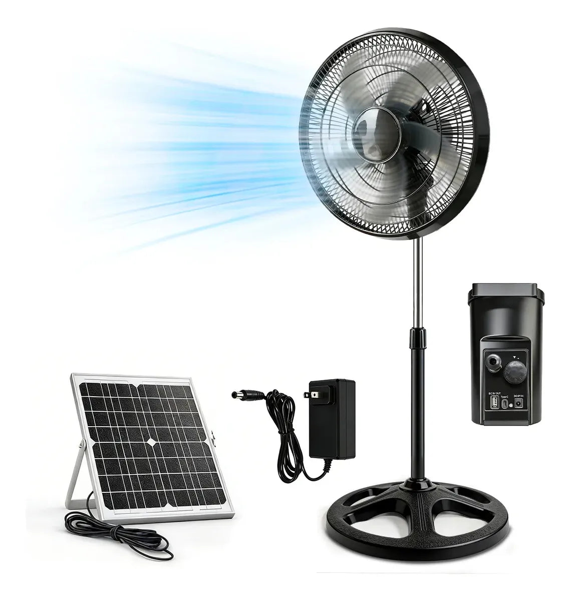 Ventilador de Piso Solar Recargable 16" con Luz LED y Batería de Larga Duración - Metacompras