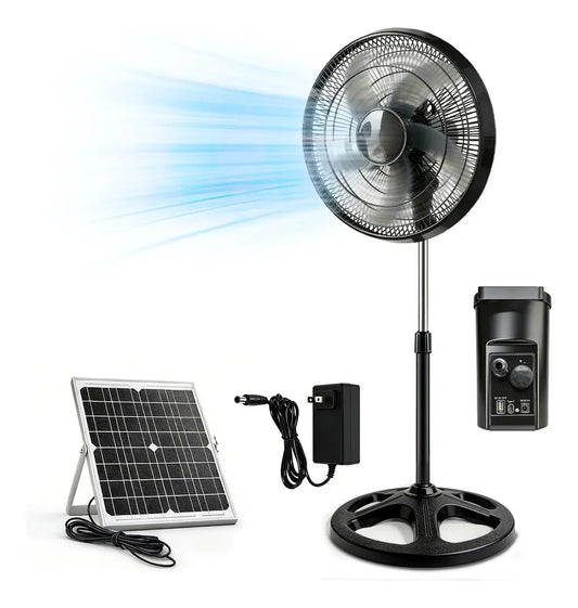 Ventilador de Piso Solar Recargable 16" con Luz LED y Batería de Larga Duración