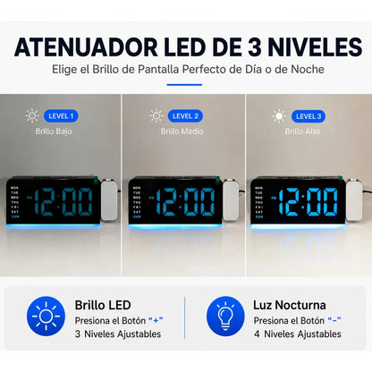 Digital Alarm Clock with Projector and FM Radio, Elegant Design