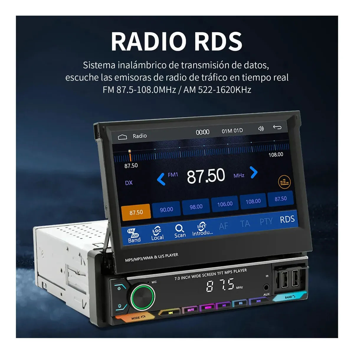 Retractable 7" Car Stereo with Android 13, CarPlay, and WiFi