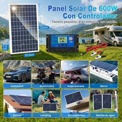 Kit de Paneles Solares 600W con Controlador y Puertos USB para Exteriores