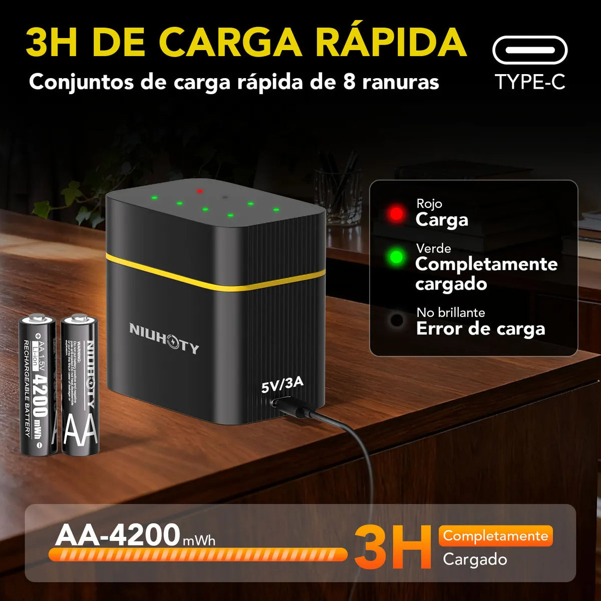 Cargador de Baterías Recargables con 8 Baterías AA - Carga Rápida en 3 Horas - Metacompras