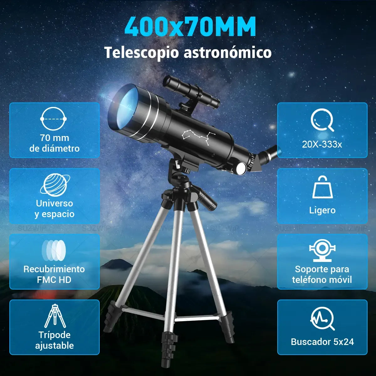 Telescopio Astronómico Profesional 70/400mm con Trípode Ajustable y Soporte para Móvil