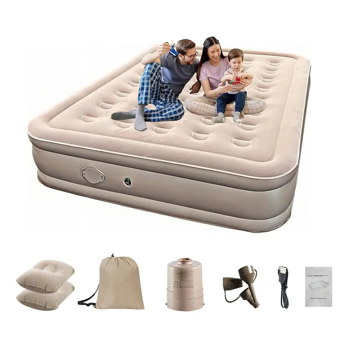 Colchón Inflable Queen con Bomba Eléctrica y Almohadas, 300kg