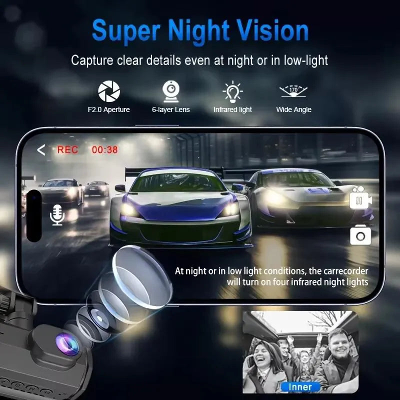 Dashcam 3 Cámaras HD con Wifi, Visión Nocturna y Control por App