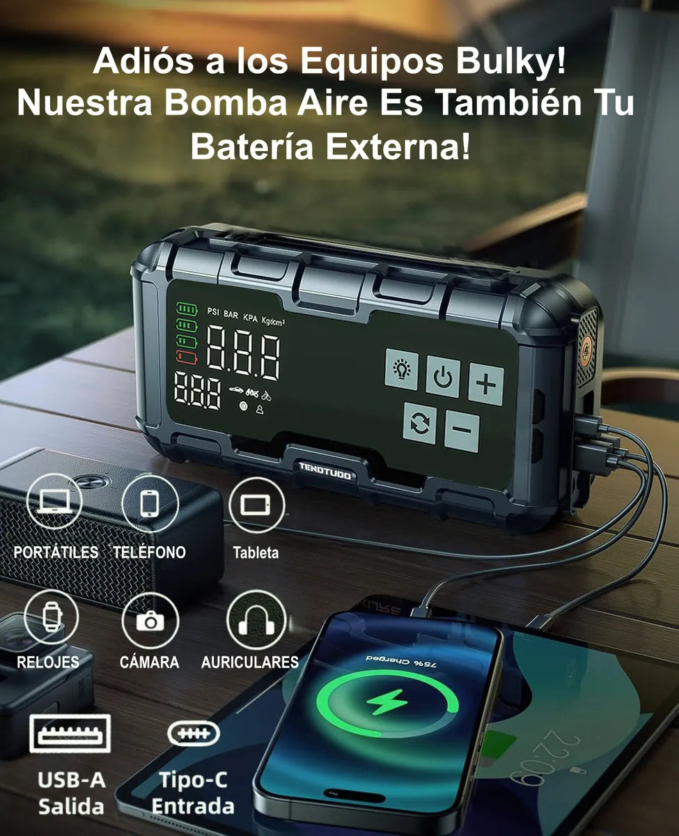 Batería Portátil 2en1 para Auto y Moto con Compresor Inflador 150 PSI