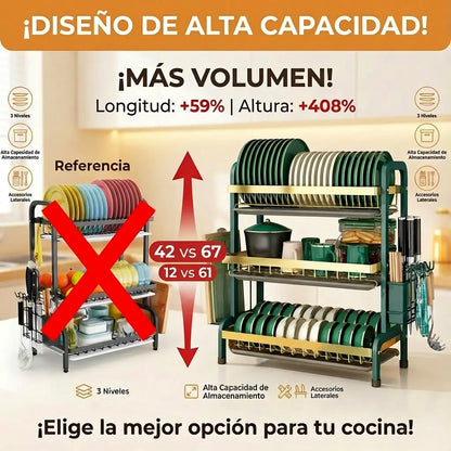 Fregadero Extra Grande de Acero Inoxidable con 3 Niveles y Seca Vasos