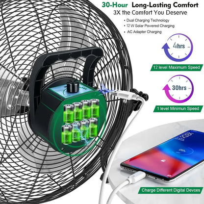 Ventilador Solar Recargable 12" con Carga Doble y Silencio Ideal para Exterior - Metacompras