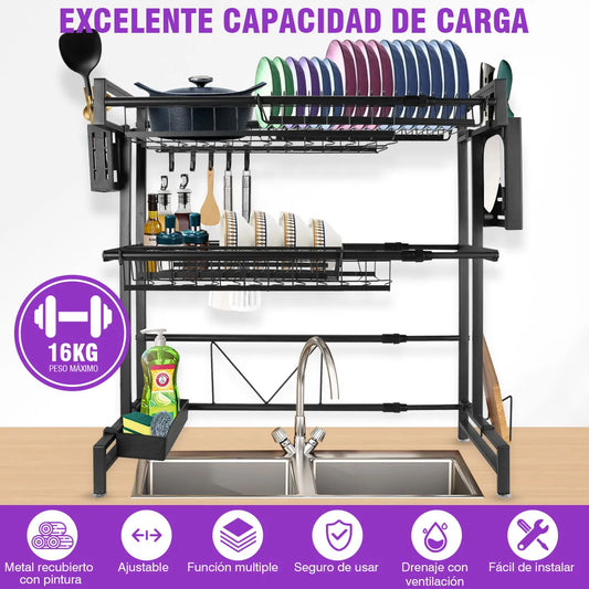 Escurridor de Trastes 2 Niveles Organizador de Platos Color Negro