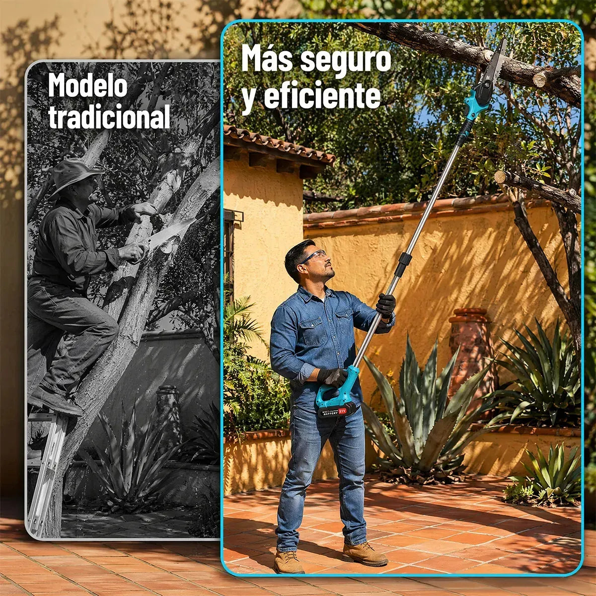 Motosierra y Tijera Eléctrica para Poda de Altura con Baterías y Barra Telescópica