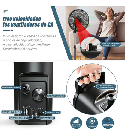 Ventilador de Piso Solar Recargable 16" con Luz LED y Batería de Larga Duración - Metacompras