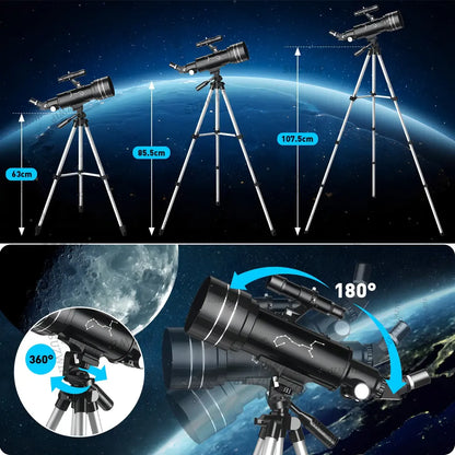 Telescopio Astronómico Profesional 70/400mm con Trípode Ajustable y Soporte para Móvil