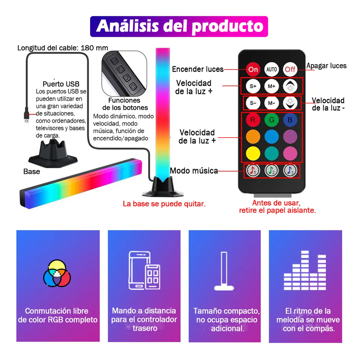 Tira LED RGB Inteligente para Cuarto Neon - Paquete de 2 Piezas 32cm