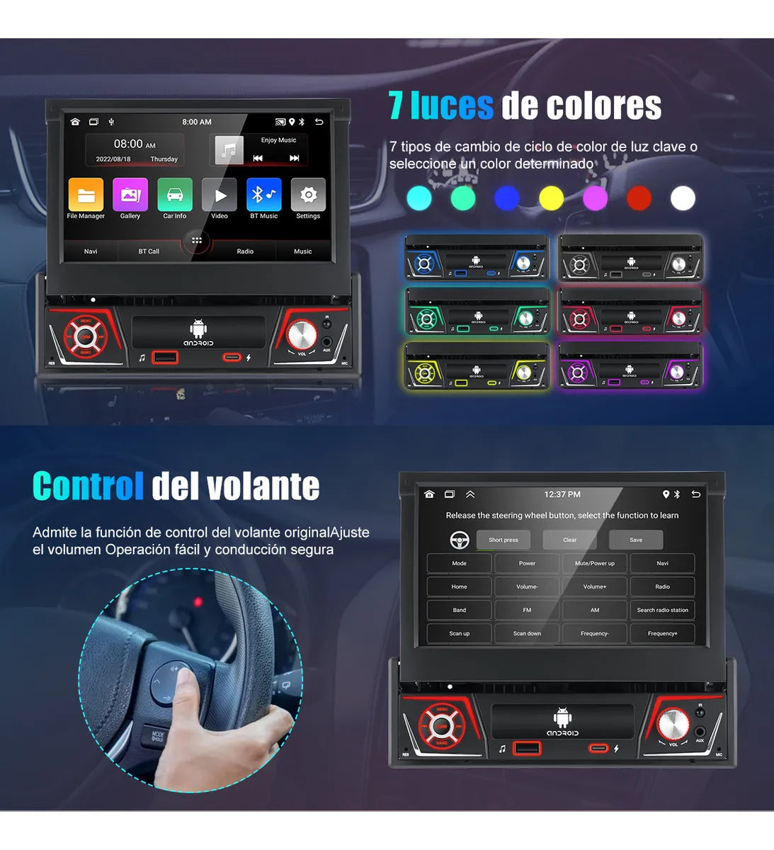 Autoestéreo retráctil 7" con Android 13, CarPlay y WiFi