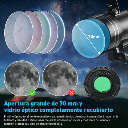 Telescopio Astronómico Profesional 70/400mm con Trípode Ajustable y Soporte para Móvil