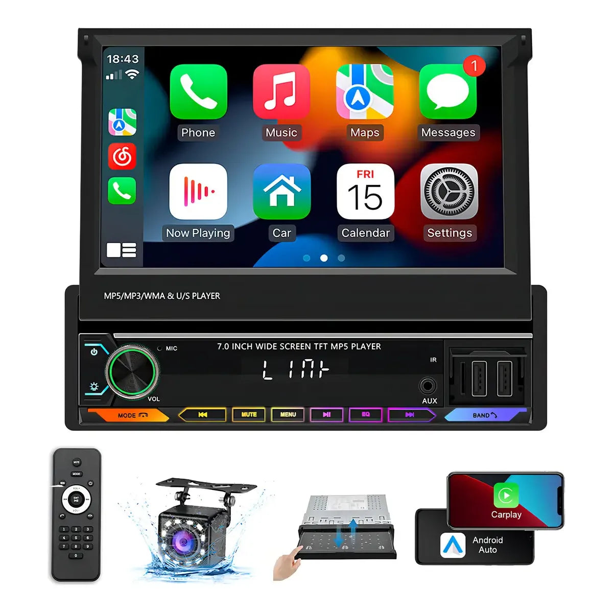 Retractable 7" Car Stereo with Android 13, CarPlay, and WiFi