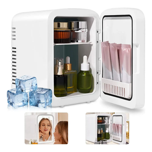 Mini Refrigerador 6L con Espejo y Luz LED para Maquillaje en Auto y Hogar - Metacompras