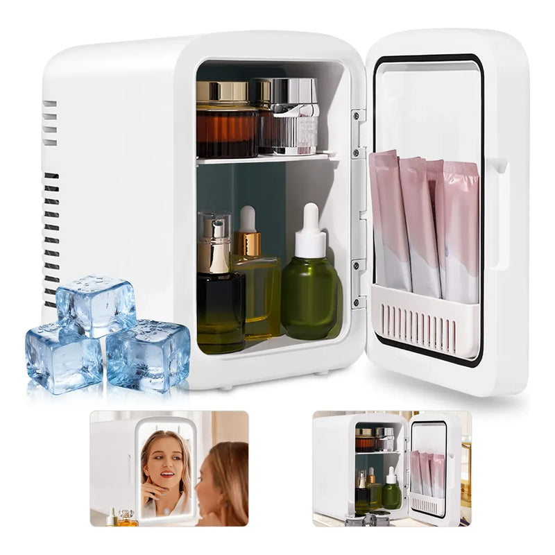 Mini Refrigerador 6L con Espejo y Luz LED para Maquillaje en Auto y Hogar
