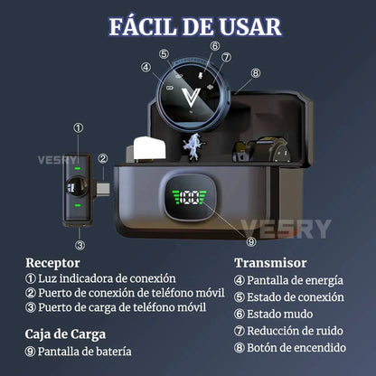 Micrófono Lavalier Inalámbrico Dual con Reducción de Ruido y Estuche de Carga