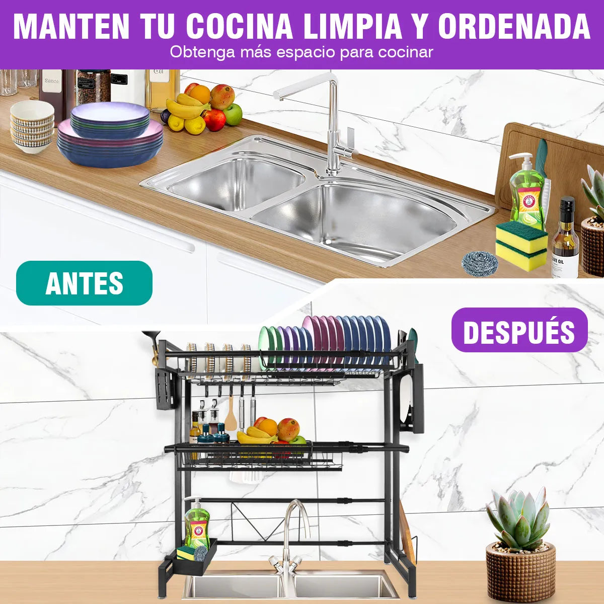 Escurridor de Trastes 2 Niveles Organizador de Platos Color Negro