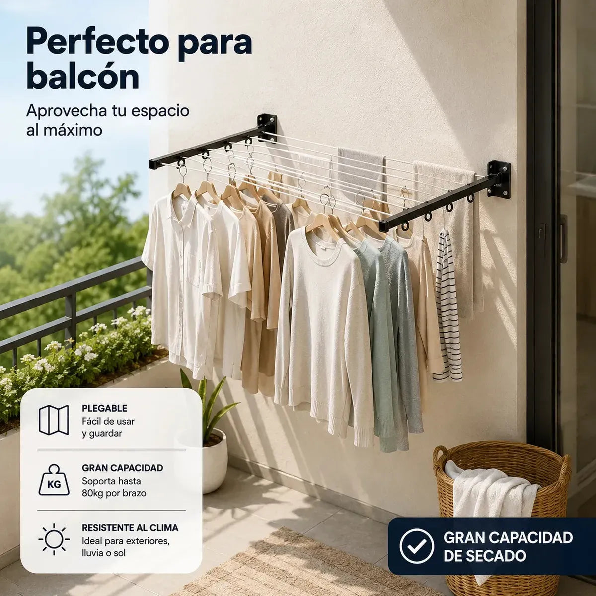 Tendedero Plegable Retráctil de Metal Reforzado para Interiores y Exteriores
