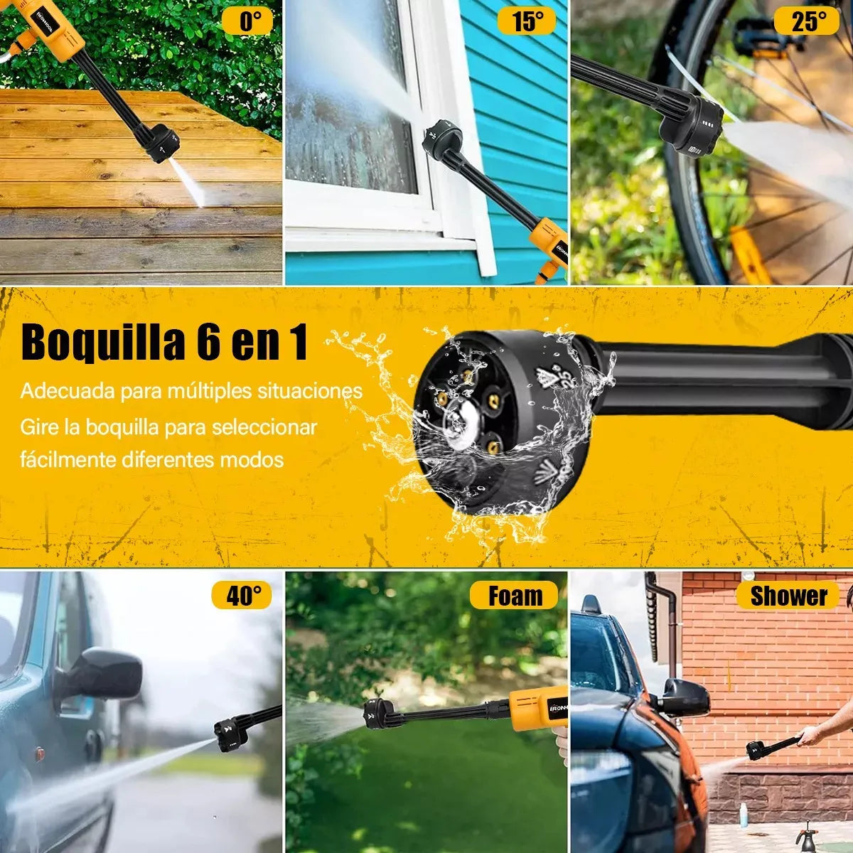 Pistola Hidrolavadora Portátil Eléctrica Inalámbrica 6 en 1 Amarilla