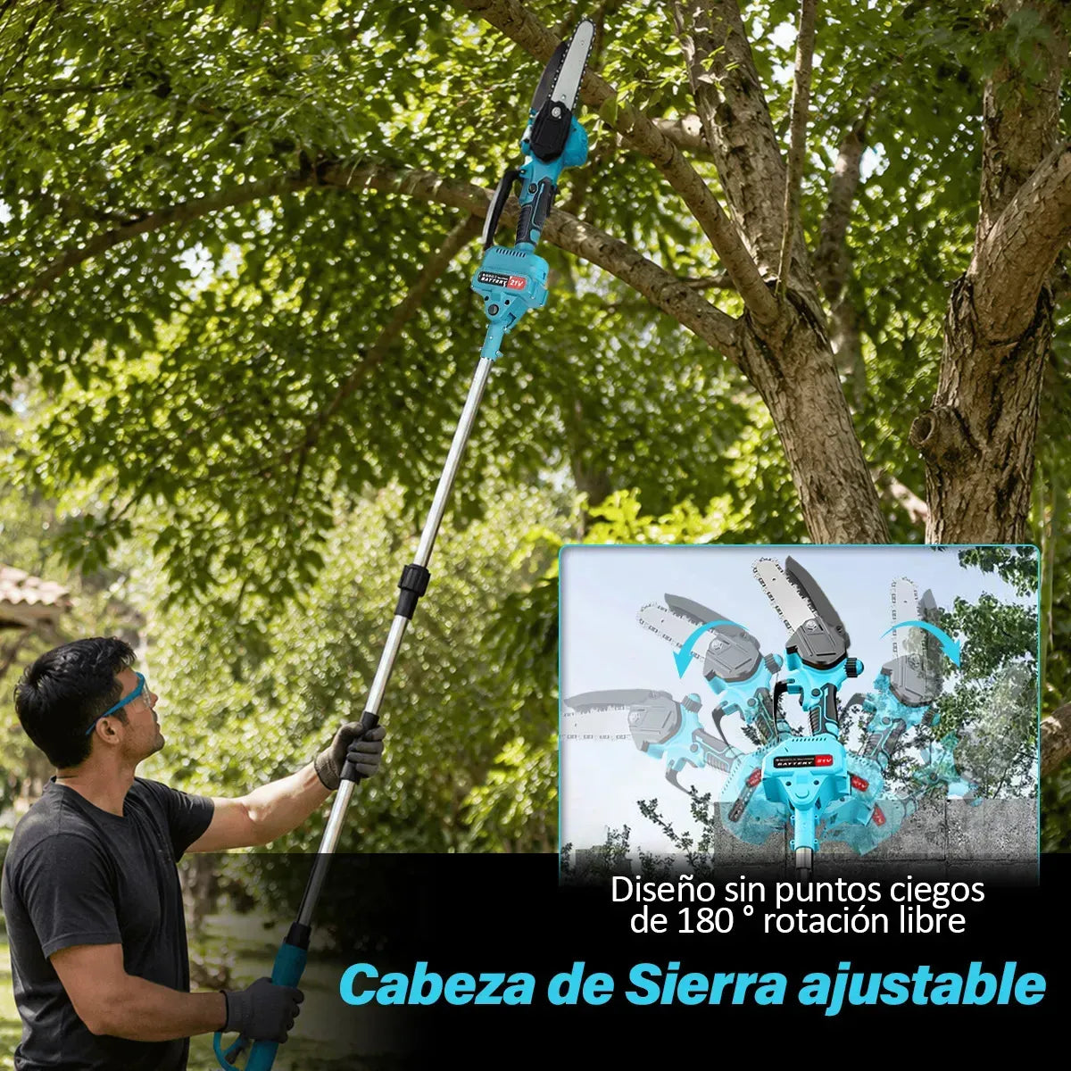 Motosierra y Tijera Eléctrica para Poda de Altura con Baterías y Barra Telescópica
