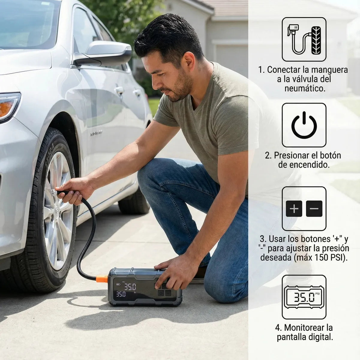 Batería Portátil 2en1 para Auto y Moto con Compresor Inflador 150 PSI