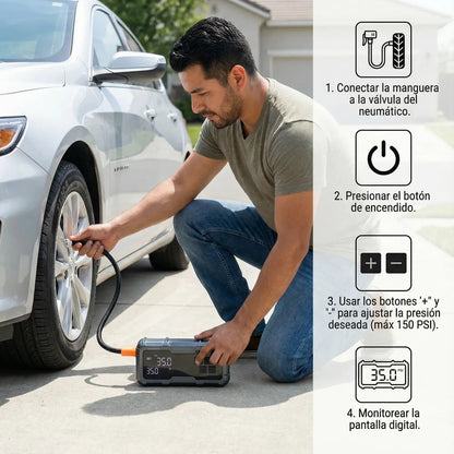 Batería Portátil 2en1 para Auto y Moto con Compresor Inflador 150 PSI