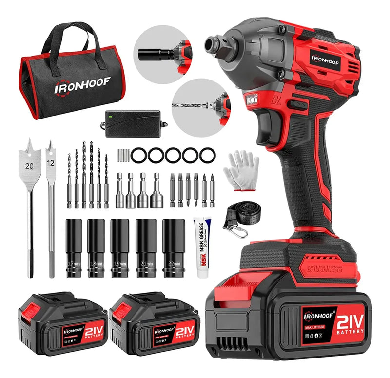 Llave De Impacto Inalámbrica Sin Escobilla Rojo - Potente Taladro Eléctrico - Metacompras