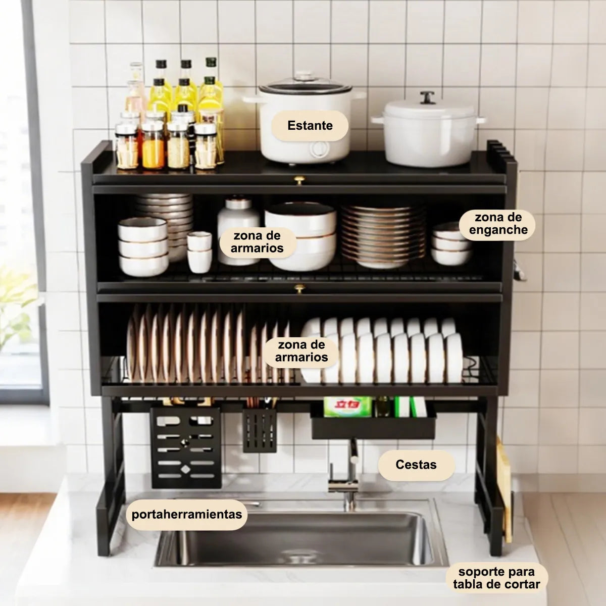 Escurridor de Trastes Negro con Organizador y Seca Vasos 30x95cm