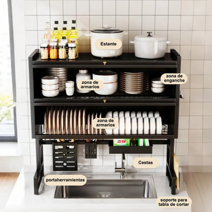 Escurridor de Trastes Negro con Organizador y Seca Vasos 30x95cm