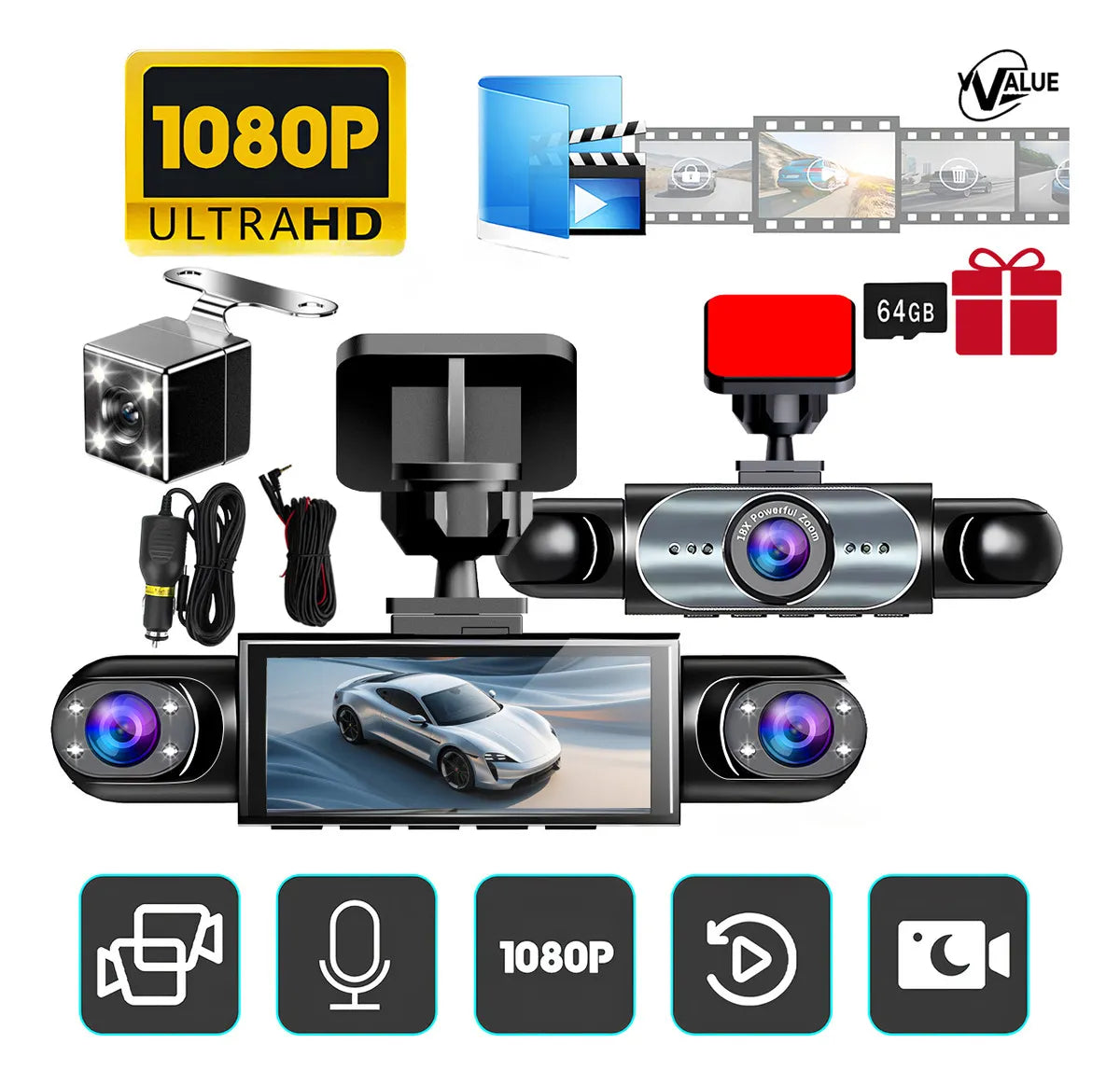 Cámara para Auto con Visión Nocturna y Luz LED - 64GB Incluidos