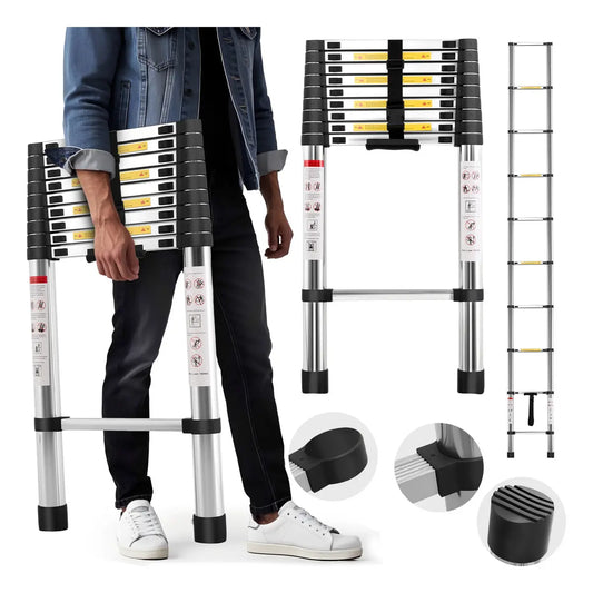Escalera Telescópica Plegable 3.90m con Tacos Antiderrapantes - Metacompras