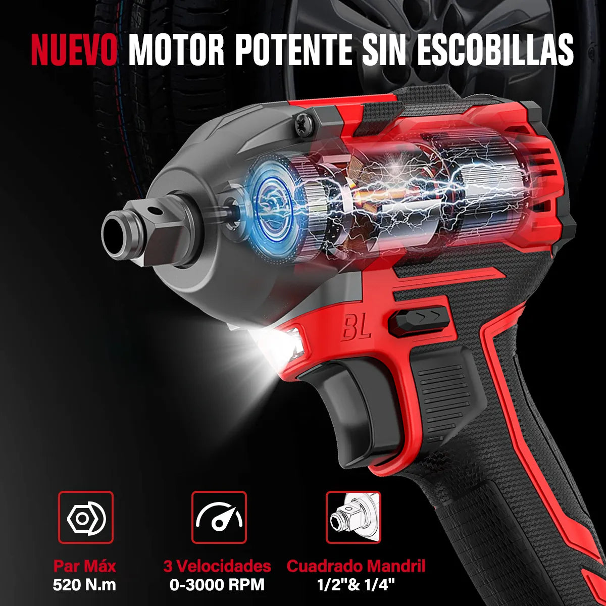 Llave De Impacto Inalámbrica Sin Escobilla Rojo - Potente Taladro Eléctrico - Metacompras