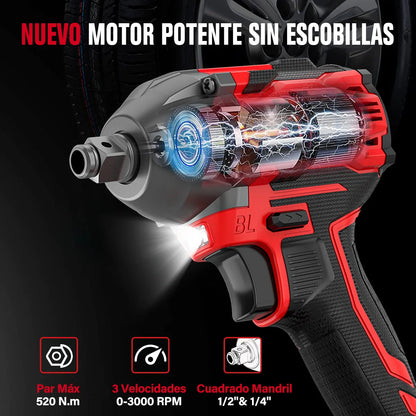 Llave De Impacto Inalámbrica Sin Escobilla Rojo - Potente Taladro Eléctrico - Metacompras