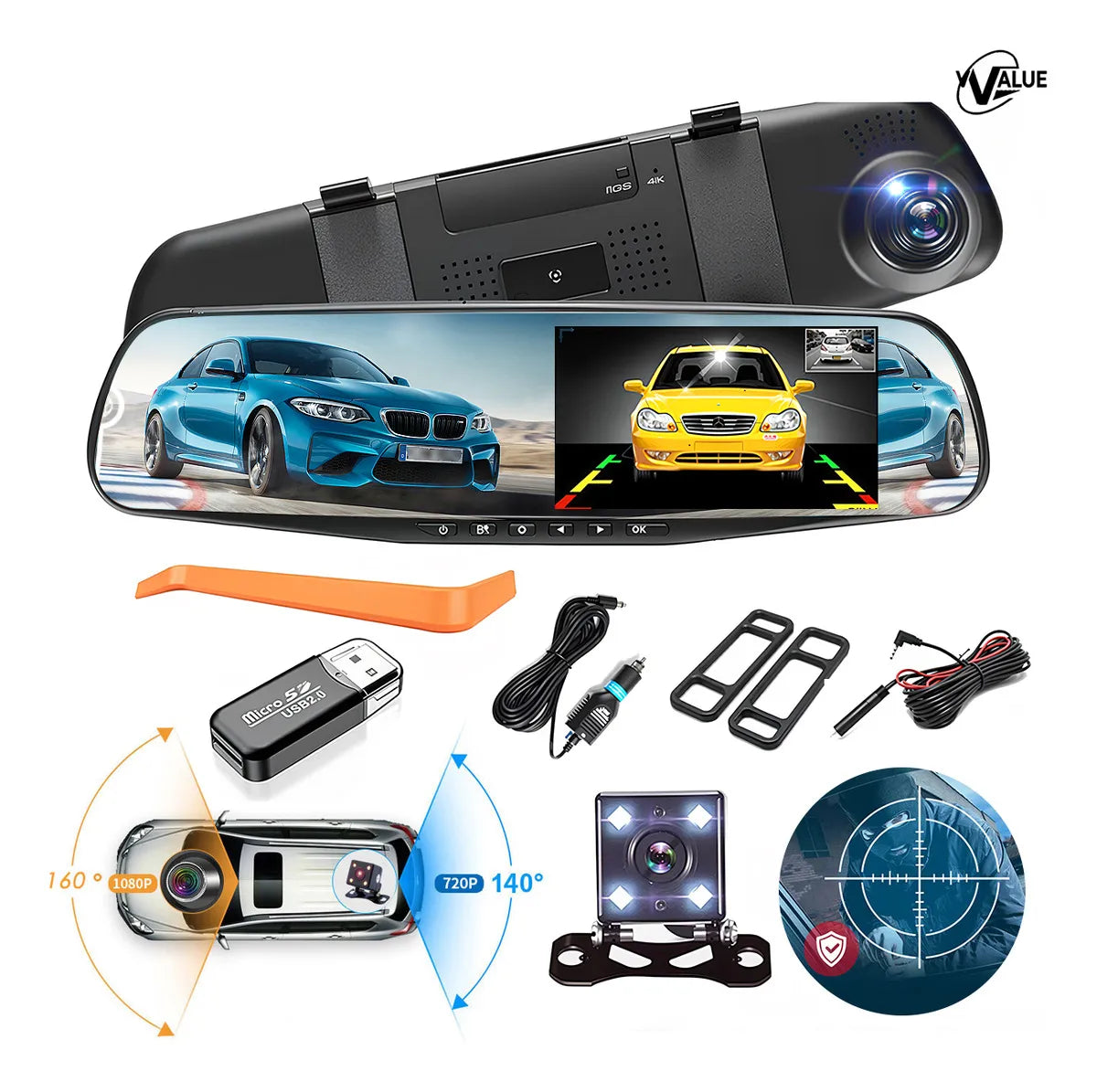 Cámara de Estacionamiento 4.3'' 1080p Doble Lente 170° para Auto