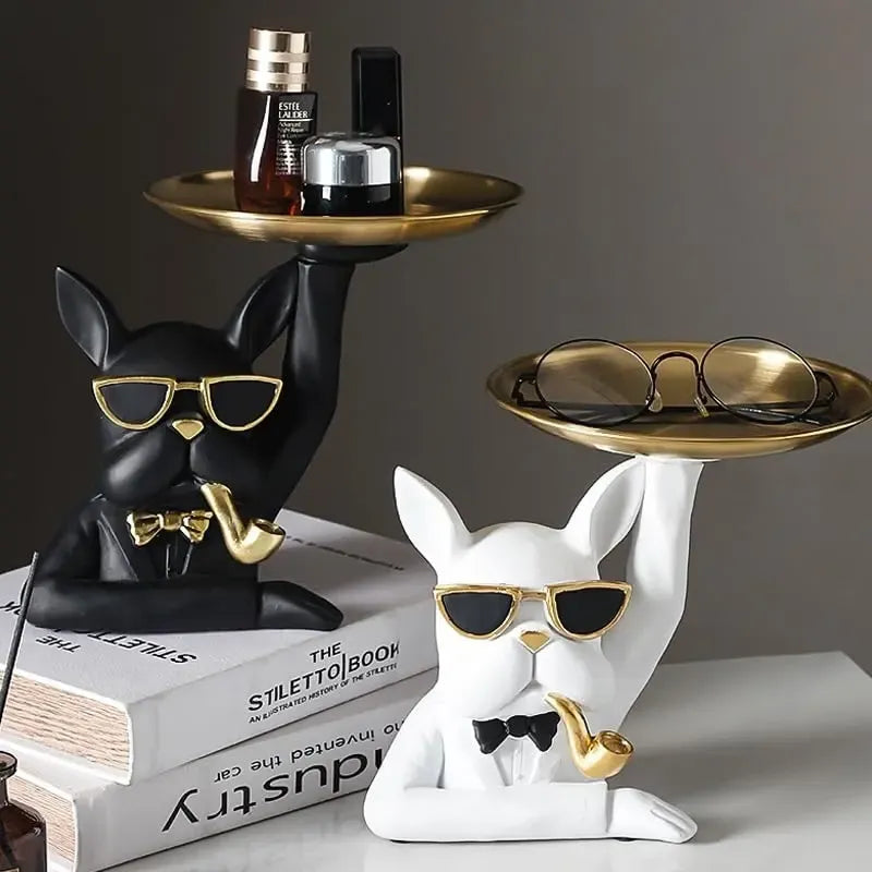 Bulldog Dog Sculpture with Organizer Tray for Home Decoration