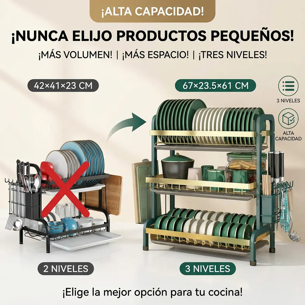 Fregadero Extra Grande de Acero Inoxidable con 3 Niveles y Seca Vasos