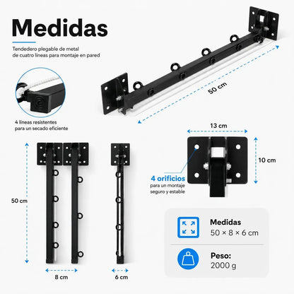 Tendedero Plegable Retráctil de Metal Reforzado para Interiores y Exteriores