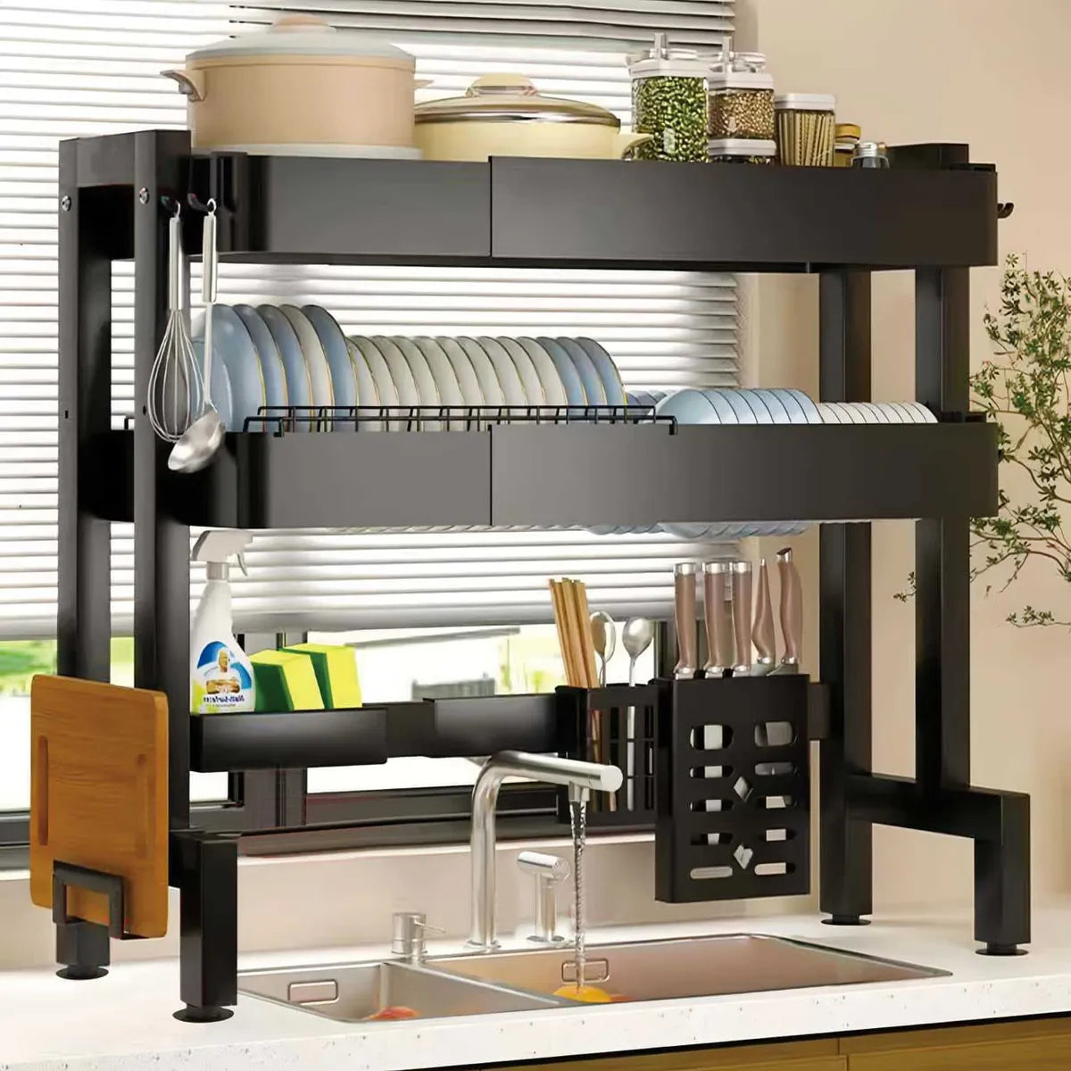 Escurridor de Trastes Ajustable sobre Fregadero - Organizador de Platos Negro