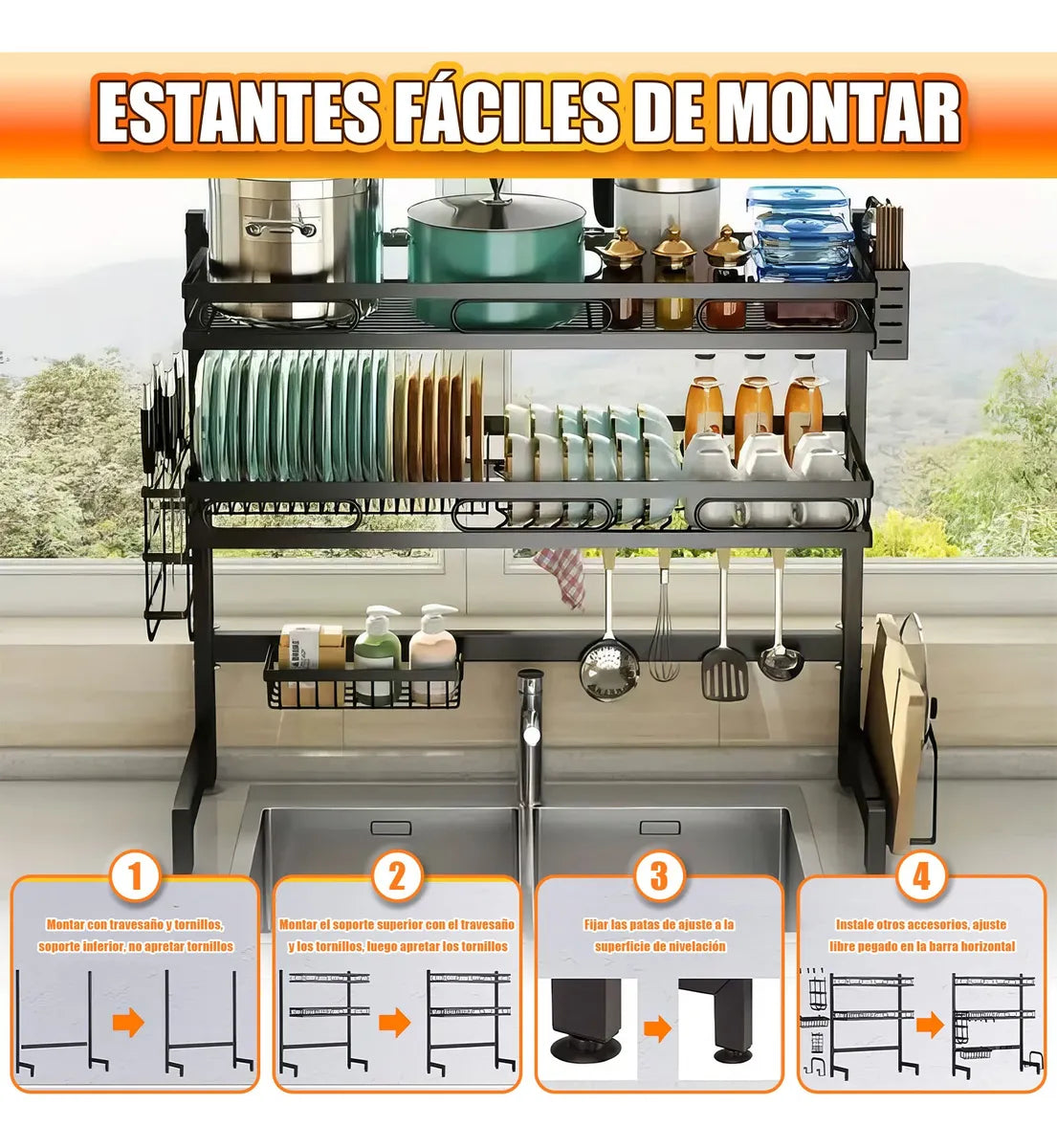 Escurridor de Trastes Negro de 2 Niveles para Fregadero Compacto