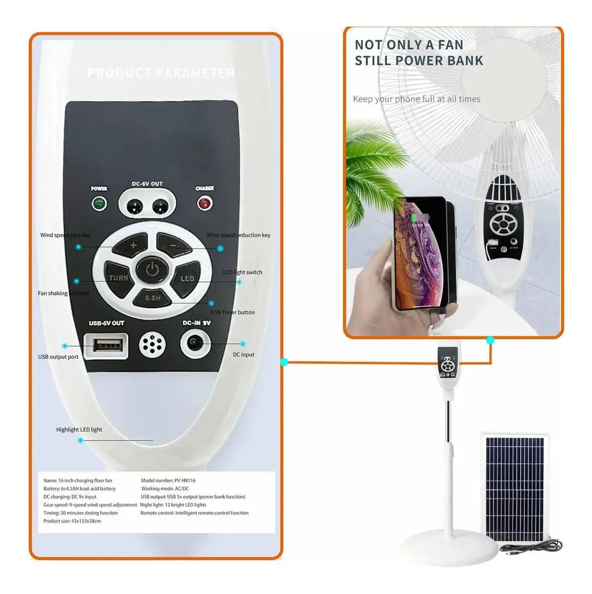 Ventilador de Piso Solar Recargable 30000mAh con Control Remoto - Metacompras