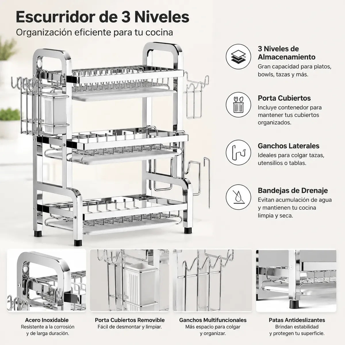 Escurridor de Trastes Multifuncional de 3 Niveles para Cocina - Metacompras